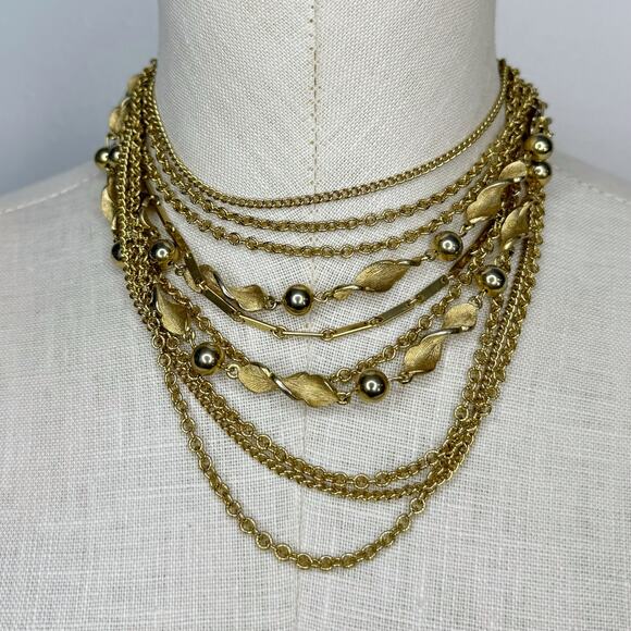 Vintage Kramer Gold Tone Layered Multi Strand Statement Necklace Signed Mod Wife - Picture 1 of 7